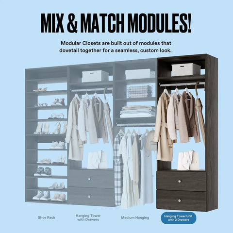 Straight Up Game Changing Modular Closet Organizer With Two Drawers And Extra Shelf for hanging short garments in a grey frame.