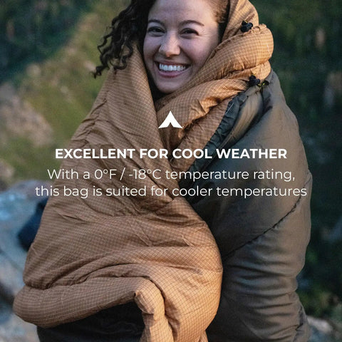 Person wrapped in 0 Degree Sleeping Bag For All Weather Camping Cozy And Warm With Roomy Half Circle Mummy Hood Flannel Lining