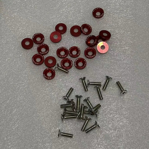 Red Billet Aluminum Fender And Bumper Washer Bolt Kit For Engine Bay Dress Up 20 Pack on textured surface