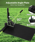 Image of an upgraded golf alignment stick holder with anti tip base, adjustable angle plate, and stability paddle on grass surface.