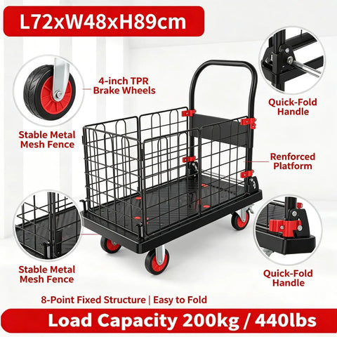 2in1 Foldable Wire Mesh Platform Cart With 400 Lb Capacity, Convertible Hand Truck To Enclosed Trolley, Heavy Duty Dolly For Warehouse Move, 72 By 48 Cm, 4 Inch Silent TPR Brake Casters, Black, 72x48cm