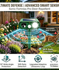 Solar Ultrasonic Animal Deterrent With Motion Detection And Flash Light Outdoor Yard Garden Critter Repeller For Deer Cats Rabbits Foxes Raccoons Squirrels Fortress Pro 4 Pack in garden scene demonstrating 30 ft detection and LED activation against deer.