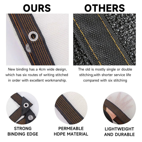 Comparison of binding edges and material quality; left: strong binding, right: lesser quality. Ninety Percent Privacy Fence Screen For Outdoor Use Backyard Must Have Shade Cloth Three By Ten Feet Balcony Cover High Density Mesh For Yard Garden Includes Cable Ties White.