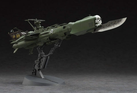 Side view of Space Pirate Arcadia 1:1500 Scale Plastic Model Kit For Captain Harlock Fans on a stand, showcasing detailed design.