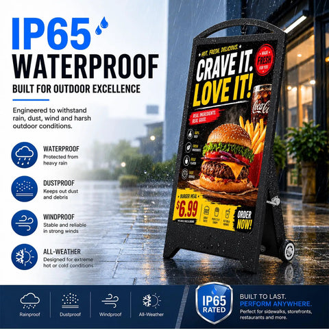32 Inch Hella Bright Portable Outdoor Digital Signage Featuring 2000 Nits IP65 Waterproof Rugged LCD Display advertised outdoors.