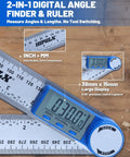Slick 2 In 1 Digital Angle Finder Tool And Stainless Steel Ruler showing LCD display and ruler markings, measuring angles with precision.