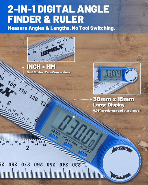 Slick 2 In 1 Digital Angle Finder Tool And Stainless Steel Ruler showing LCD display and ruler markings, measuring angles with precision.