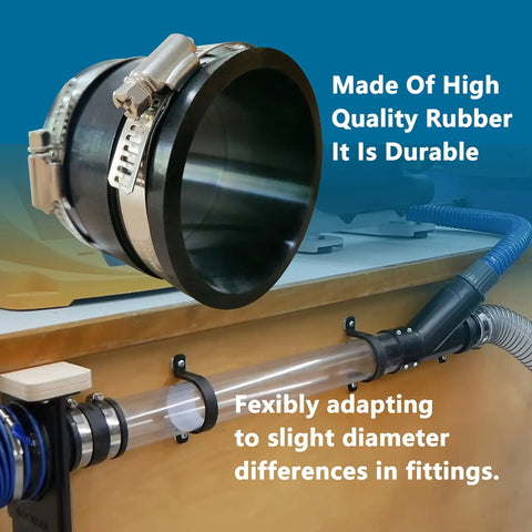2 Pack 2.5 Inch Dust Control Flex Hose Cuff Connectors with stainless steel clamps, installed in dust collection system