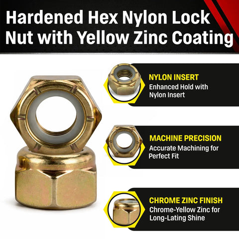 5/16 18 Nylon Insert Lock Nuts Grade 8 Alloy Steel Nylock Hex Nuts Yellow Chromate Zinc High Strength 50 Pack