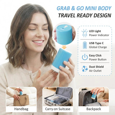 Woman holding USB pump for Rechargeable Cordless Vacuum Storage Bags With USB Pump for Travel Space Saving Luggage Bags for Clothes