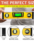 Person holding a Digital Level 10 Inch Torpedo Level With Protractor And Magnetic Base, Bright LCD Display, measurements shown
