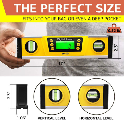 Person holding a Digital Level 10 Inch Torpedo Level With Protractor And Magnetic Base, Bright LCD Display, measurements shown