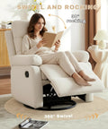 Woman reading on Rocking Recliner Chair With 360 Degree Swivel Glider And Manual Recline, Corduroy Fabric Upholstery, Cozy Beige