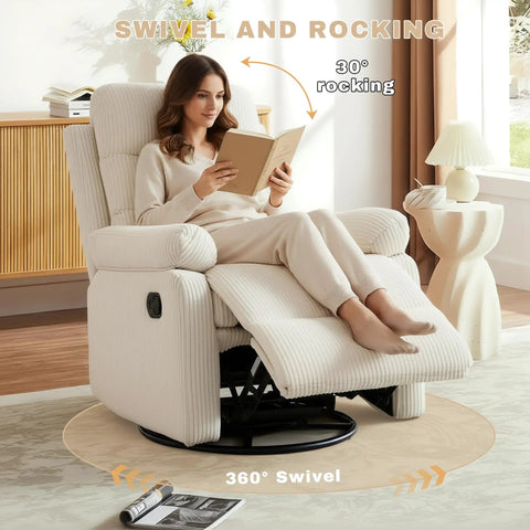 Woman reading on Rocking Recliner Chair With 360 Degree Swivel Glider And Manual Recline, Corduroy Fabric Upholstery, Cozy Beige