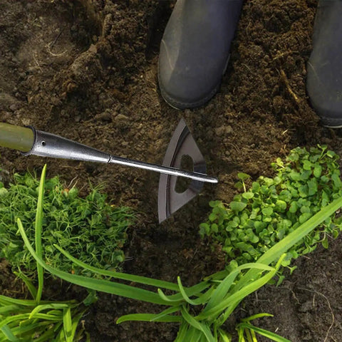 All Steel Hollow Garden Hoe With Long Handle, Heavy Duty Weeding Tool in garden soil, showing hoe pulling weeds and loosening soil