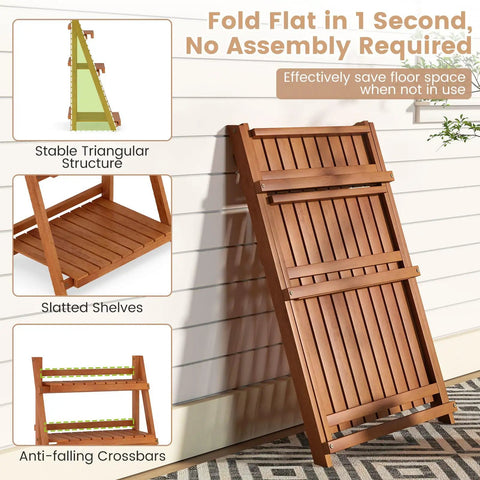 Folded foldable 3 tier ladder plant stand made of solid wood for indoor outdoor use, no assembly required, leaning against wall.