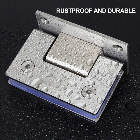 Two Pack 90 Degree Frameless Shower Door Hinges Beefy Heavy Duty Stainless Steel Gate Clamps with water droplets