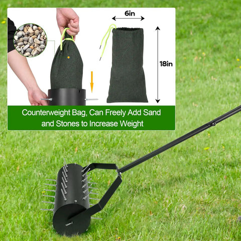 18 Inch Rolling Lawn Aerator Tool With 50 To 70 Inch Adjustable Handle Heavy Duty Spike Aerator Includes Sandbag on grass
