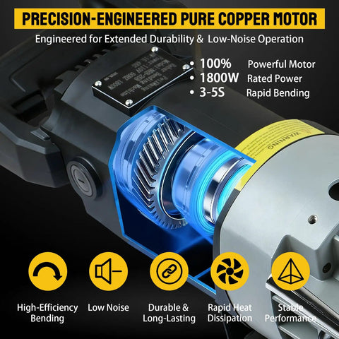 Close-up of Heavy Duty 1800W Electric Hydraulic Rebar Bender Straightener With Portable Toolbox motor, showcasing pure copper and rapid bending features.