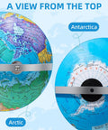Top view of 13 Inch Globe With Stainless Steel Stand 720 Degree Rotation Waterproof HD Text Classroom Workhorse Globe, showing Arctic and Antarctica.