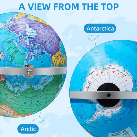 Top view of 13 Inch Globe With Stainless Steel Stand 720 Degree Rotation Waterproof HD Text Classroom Workhorse Globe, showing Arctic and Antarctica.