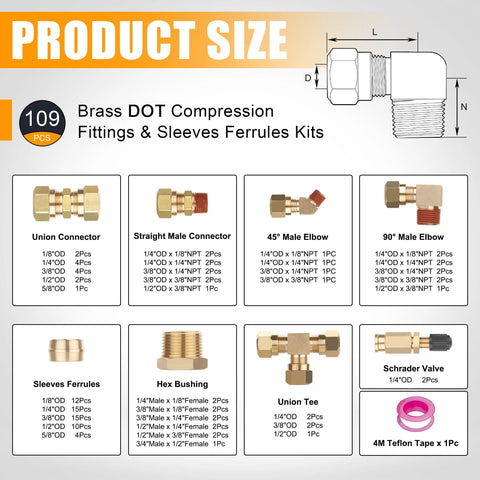 Brass DOT compression fittings kit, 109 pcs, includes unions, elbows, tees, sleeves and ferrules for air brake lines