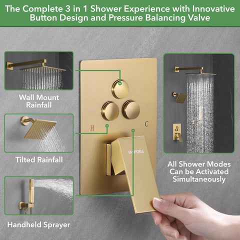 Premium Top Shelf Brushed Gold Shower Faucet Set Featuring Wall Mounted Design With Quick Push Button Diverter And Slip Resistant Controls For Zero Hassle Daily Showers