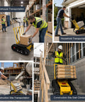 Huge Load Power Lift: Electric Stair Climbing Dolly With 360 Degree Turns For Heavy Gear Moving Smoothly Up And Down Steps On Any Floor Plus Extra Long Battery Life That Gets The Job Done Fast used for transporting boxes in a warehouse.