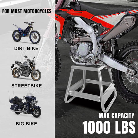 Heavy Duty Dirt Bike Stand Lift Up To 1000 Lbs Universal Detachable Motorcycle Stand For Maintenance Works With Kawasaki Honda Yamaha And More Silver Finish Stable Steel Construction For Safe Lifts shown with bike lifted
