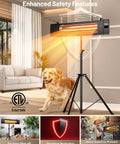 Carbon Infrared Patio Heater With Tripod, Remote Control, Tip Over Protection, Freestanding Or Wall Mounted, IP55 Indoor Outdoor Use, Odorless Heat, Black For Patio Or Deck Ambience All Year displayed in a living room setup with a dog.