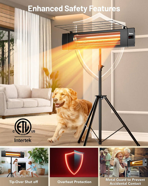 Carbon Infrared Patio Heater With Tripod, Remote Control, Tip Over Protection, Freestanding Or Wall Mounted, IP55 Indoor Outdoor Use, Odorless Heat, Black For Patio Or Deck Ambience All Year displayed in a living room setup with a dog.