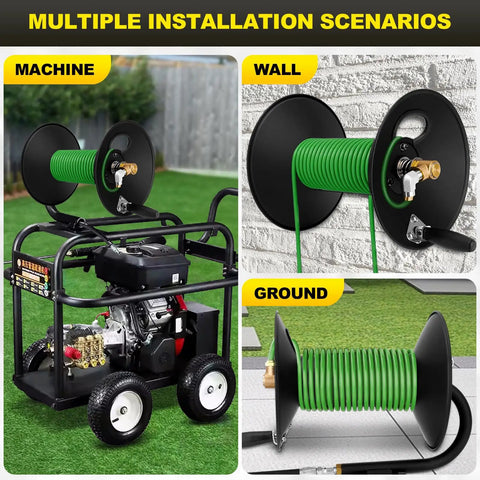 Heavy Duty Built To Last 100Ft Three Eighths Inch NPT Pressure Washer Hose Reel With Swivel Arm Steel Wall Mount Bracket 4000 PSI