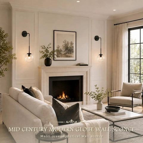 KoKo&Yukina 2 Pack 6" Black Modern Wall Sconces for Bedroom Bulb Included mounted beside modern fireplace and sofa.