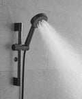 Shower Faucet System, 10-Inch Round Head, 5-Spray Handheld, Matte Black wall-mounted handheld shower with water spray.