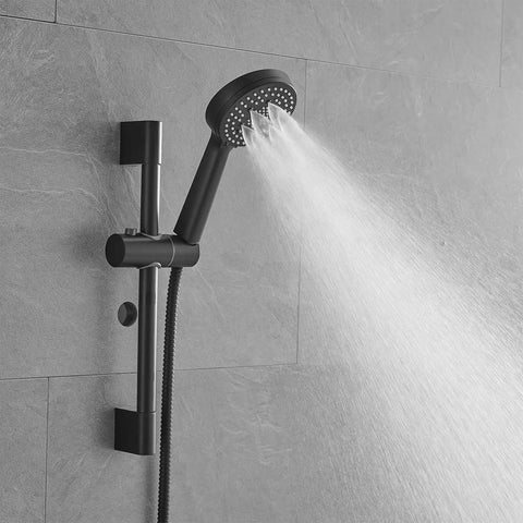 Shower Faucet System, 10-Inch Round Head, 5-Spray Handheld, Matte Black wall-mounted handheld shower with water spray.