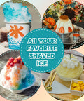 Variety of shaved ice desserts made with Glowing Electric Snow Cone Maker For Home Use Quick Ice Crusher With 2 Easy Clean Molds.