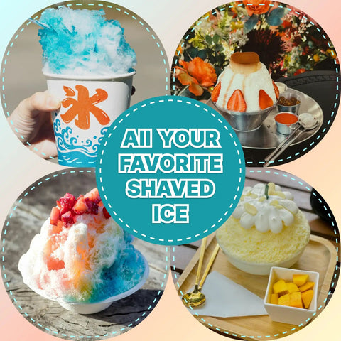 Variety of shaved ice desserts made with Glowing Electric Snow Cone Maker For Home Use Quick Ice Crusher With 2 Easy Clean Molds.