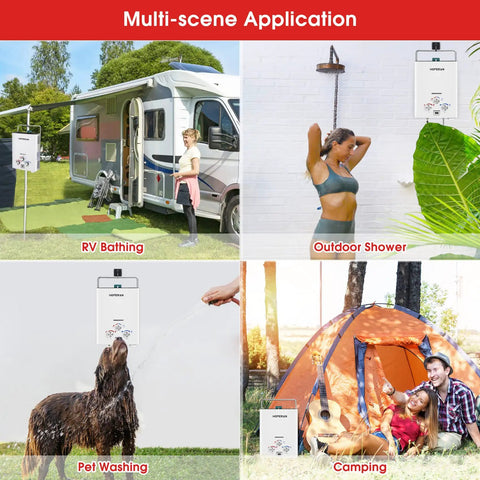 Multi-scene application of Outdoor Propane Tankless Water Heater 1.6 GPM Portable Gas Water Heater for RV, shower, pet wash, camping