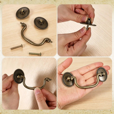 4 Pcs Antique Bronze Drop Bail Drawer Pulls Vintage Vibes For Cabinets Closets And Furniture Small 3.3 Inch Center Hole 4.5 Inch Total Length With Screws, showing assembly details.