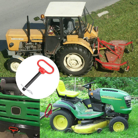 Two Pack Half Inch Clevis Hitch Pin With Clip Four Inch Long Metal Alloy Steel Trailer Hitch Pin Accessories Durable Corrosion Resistant Towing Pins For Secure Hitching On Trailers shown in installation on tractors and lawn equipment