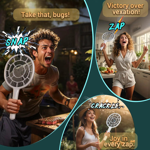People using Electric Fly Swatter Bug Zapper Racket For Indoor And Outdoor Use With Dense Three Millimeter Mesh for insect control.