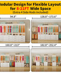 Total Glow Up For Your Space With Massive Freestanding Modular Closet System Featuring Solid Wood Drawers Hanging Rods And Shelves In White For Effortless Clutter Crushing, displaying four layout options and dimensions for flexible use.