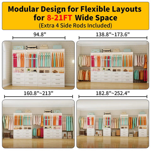 Total Glow Up For Your Space With Massive Freestanding Modular Closet System Featuring Solid Wood Drawers Hanging Rods And Shelves In White For Effortless Clutter Crushing, displaying four layout options and dimensions for flexible use.