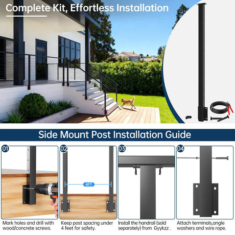 Slick Black Swageless Cable Railing Kit For Decks And Patios T316 Stainless Steel side mount installation guide on a deck.