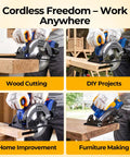 Kickass 20V Cordless Circular Saw With 4 Ah Battery And Charger Producing 4500 Rpm No Load Speed And Quick Bevel Adjustments For Seamless Weekend Warrior Woodworking Builds in action during wood cutting.