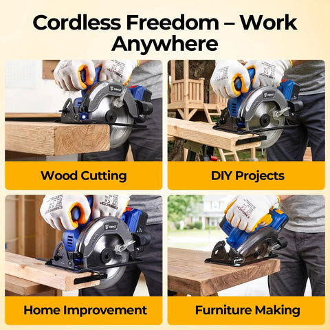 Kickass 20V Cordless Circular Saw With 4 Ah Battery And Charger Producing 4500 Rpm No Load Speed And Quick Bevel Adjustments For Seamless Weekend Warrior Woodworking Builds in action during wood cutting.