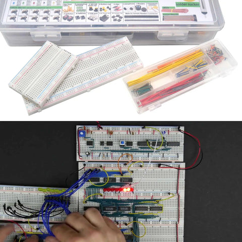 All In One 2300 Piece DIY Electronics Component Kit with ICs, PCBs; hands arranging wires on a breadboard