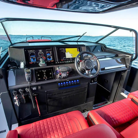 Boat dashboard featuring 8 Gang Aluminum Rocker Switch Panel With Pre Wired Harness Blue Backlit 5 Pin On Off Dash Switch