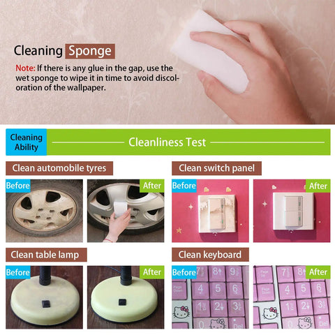 Cleaning sponge with cleanliness test on automobile tires, switch panel, table lamp, and keyboard.