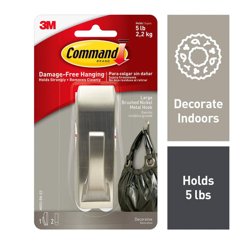 Large Modern Reflections Brushed Nickel Metal Hook Set With 2 Strips Holds 5 Lbs Damage Free Hanging No Tools Needed packaging